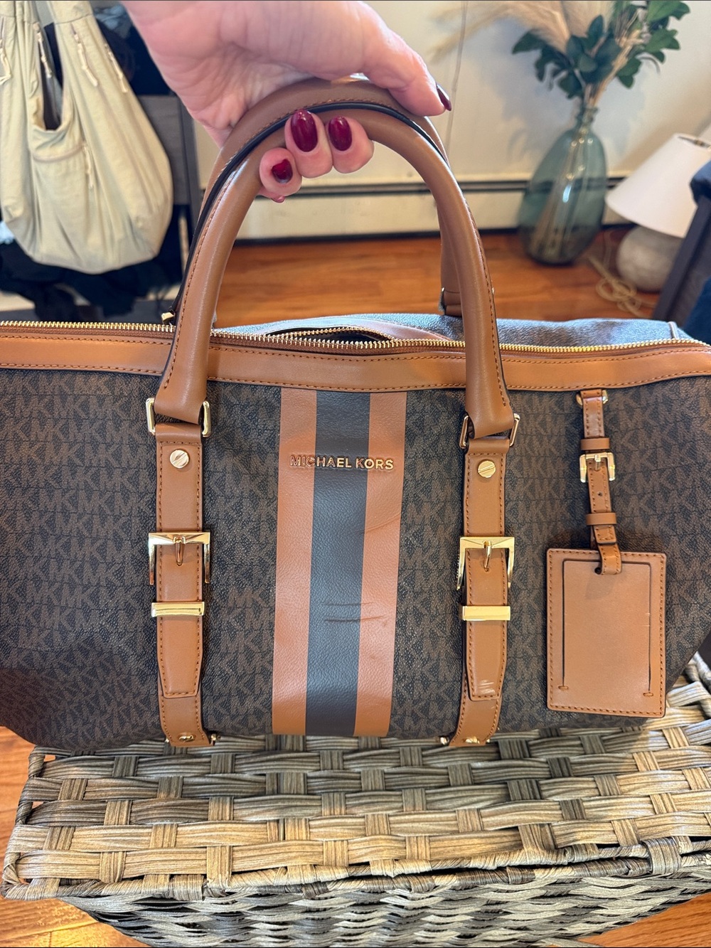 Michael Kors Brown and Navy Signature Duffel with Tan Leather Trim